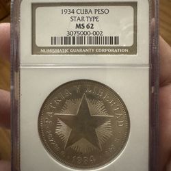 1 Peso 1934 Silver Cuba Ngc MS 62