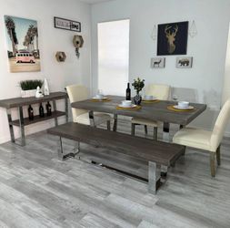 CINDY CRAWFORD HOME Dining Table GRAY With 3 Chair Cream, Bench and Table Stand