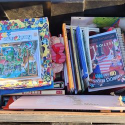 Big tote of kids books puzzles wall hangers etc