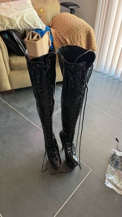 Black Patent faux Leather Thigh-High Lace-Up Boots