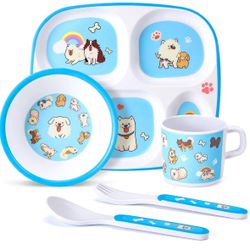 5-Piece Kids Melamine Dinnerware Set – Plate, Bowl, Cup, Fork & Spoon – BPA-Free, Durable & Lightweight Cartoon Set for Toddlers (Puppy Band)