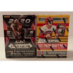 (2) 2020 & 2021 Panini Prizm Draft Picks Baseball Blaster Boxes 2 Box Lot Cards Packs Collegiate College