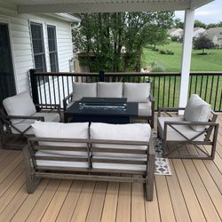 Amopatio Aluminum Patio Furniture with Fire Pit, 8 Piece Set - Like New!