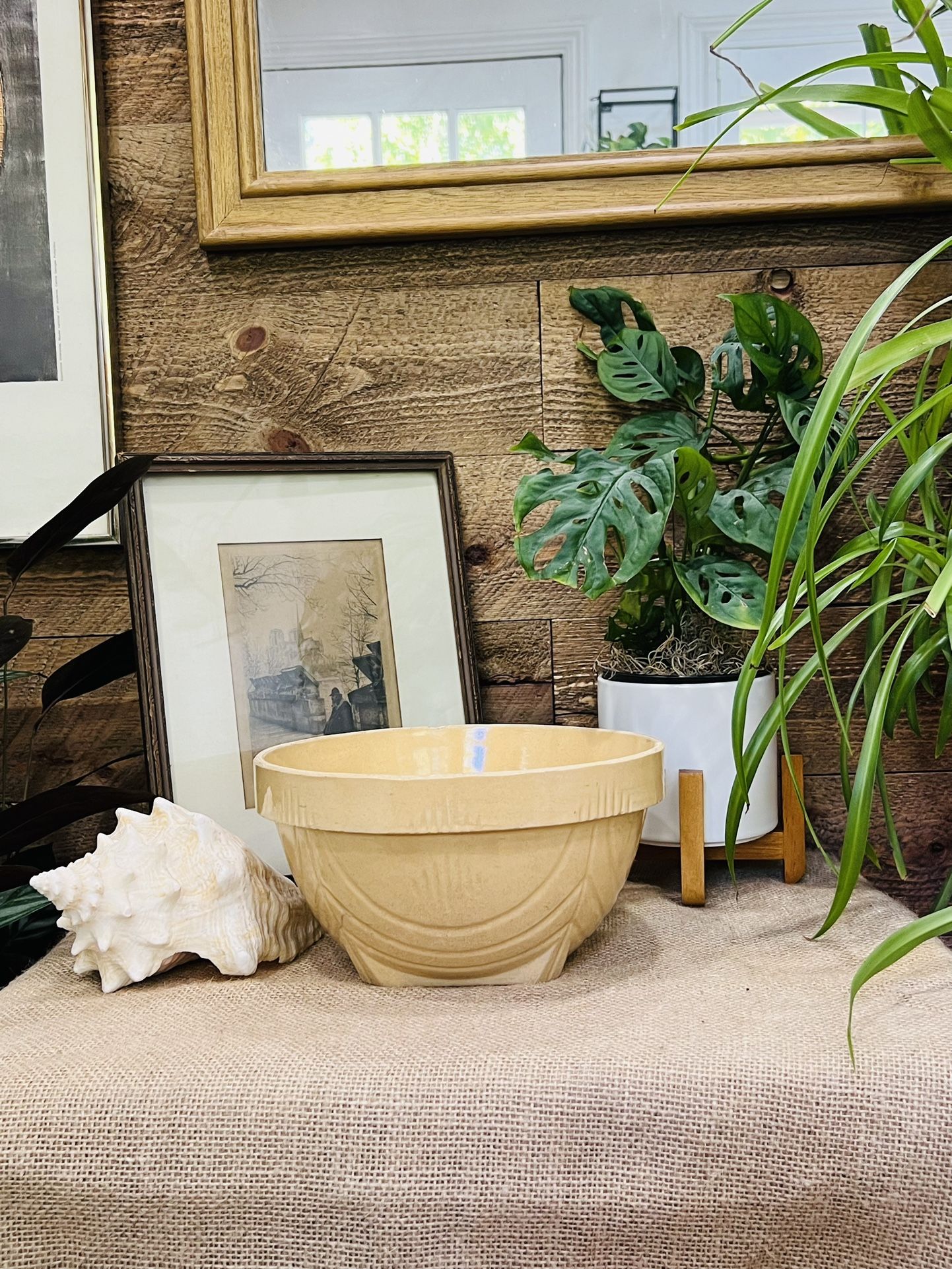 Vintage Earthenware Yellow Ware Crock Pottery Americana Farmhouse Primitive Bowl Mixing