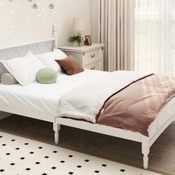 Queen Bed Frame with Fabric Upholstered Headboard, Solid Rubber Wood Foundation , White .
