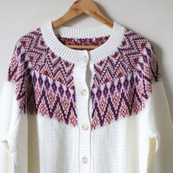 Fair Isle Cardigan Boxy Style With Pockets Magenta And White 31-in Pitt To Pit Women's
