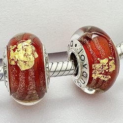 2 Charms For Pandora Red And Gold Sunlight Murano Charms 925 Sterling Silver Cores