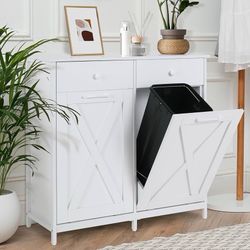 Double Tilt Out Trash Cabinet 10 Gallon*2,Kitchen Garbage Cabinet,Pet-Proof Standing Hidden Dual Laundry Sorter,W/Hideaway Drawer,for Kitchen,Living,D