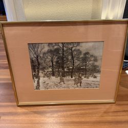 Vintage Winter Scene Framed Print Children Playing in Snow 20” x 16.5”