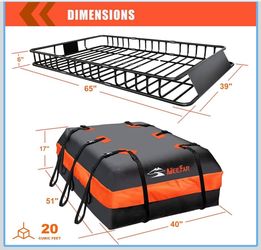 MeeFar Roof Rack Cargo Carrier Basket 65"*39"*6"+Waterproof Bag 20 Cubic Feet(51"*40"*17"),and Cargo Net with Attachment Hooks,Ratchet Straps.200 Lbs 
