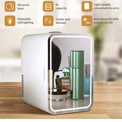 Mini Fridge 6 Liter AC/DC Portable Beauty Fridge Thermoelectric Cooler and Warmer for Skincare, Bedroom and Travel (Mirror & LED Design)