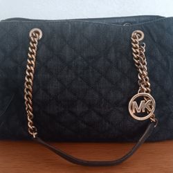 MK Michael Kors Dark Blue Denim Quilted Purse With Gold Colored Hardware 