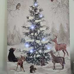 $35.00 - 24" Christmas LED CANVAS Wall Art!  Blinking Warm White Lights/Forest Animals Around Iluminated Forest Tree!  Like New/Batteries Included!