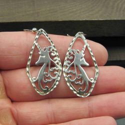 Sterling Silver Diamond Cut Unicorn Dangle Earrings Vintage