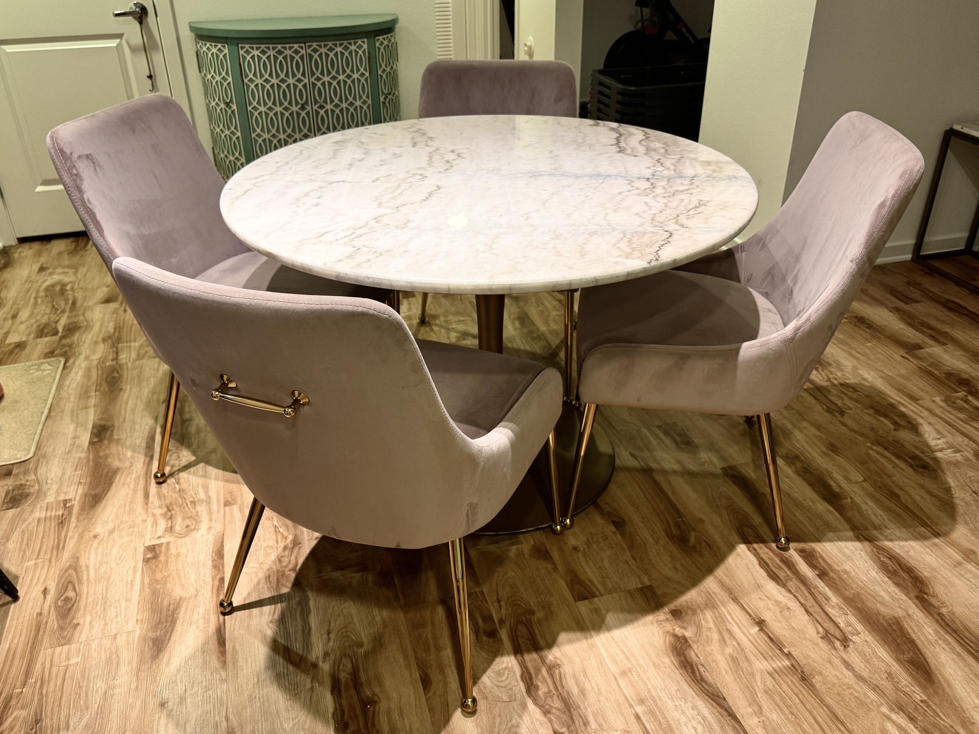 Mid Century Modern Z Gallerie Marble Dining Table Set with Velvet