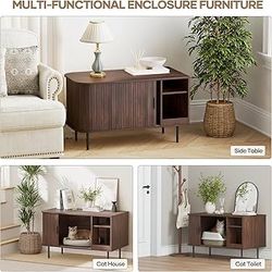 Cat Litter Box Enclosure with Cat Scratch Pad, Sliding Door, 37.4" Litter Box Enclosure Furniture Hidden Litter Box, Modern Indoor Cat House, TV Stand