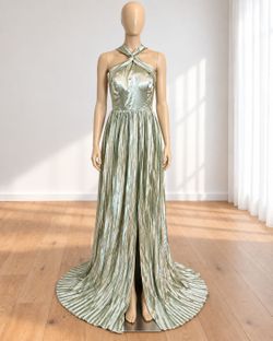 Sage Green Satin Halter Pleated Formal Gown
