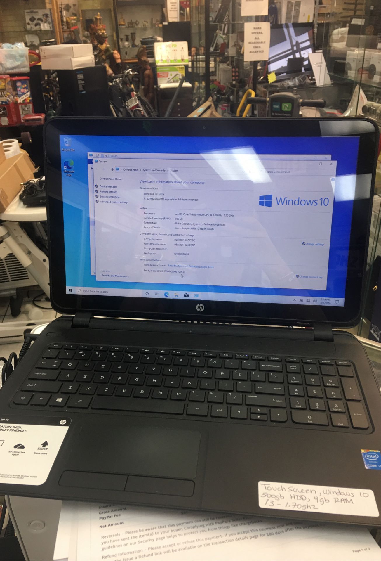 Hp touchscreen computer laptop i3 processor 1.70ghz 4gb ram windows 10 500gb HDD