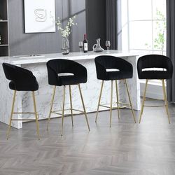 Set Of 4 Black Modern Velvet 30" High Bar Stools with Back and Footrest, Upholstered Gold Bar Height Stools [NEW] **Assembly Req** 