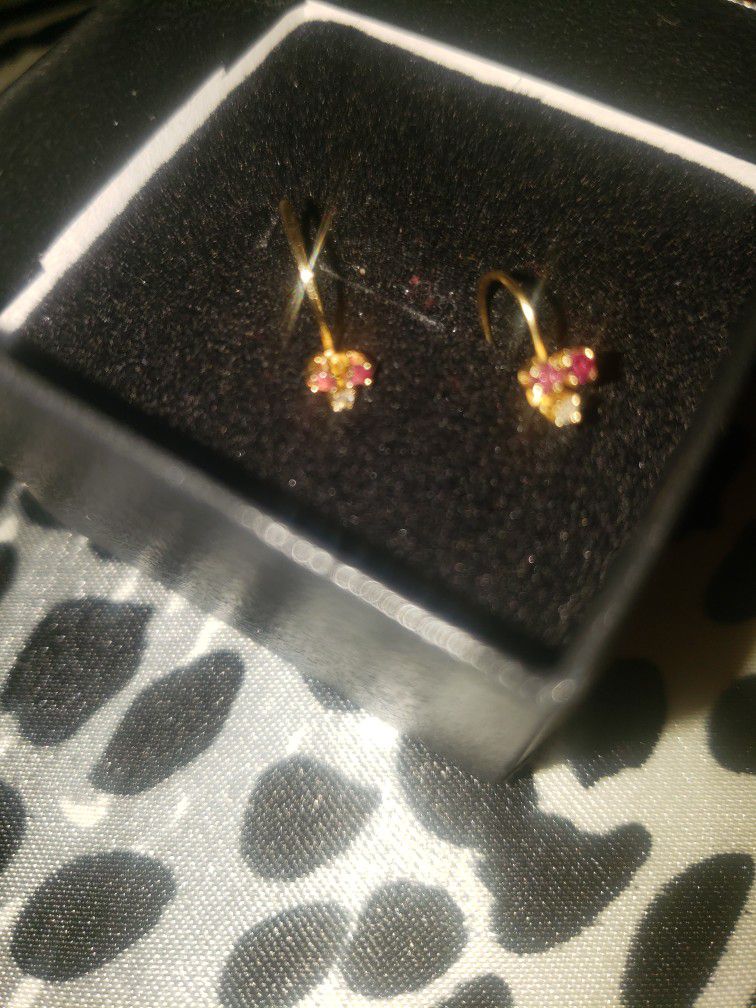 Women's 10K Gold Petite Real Diamond Red Stone Hook Earrings