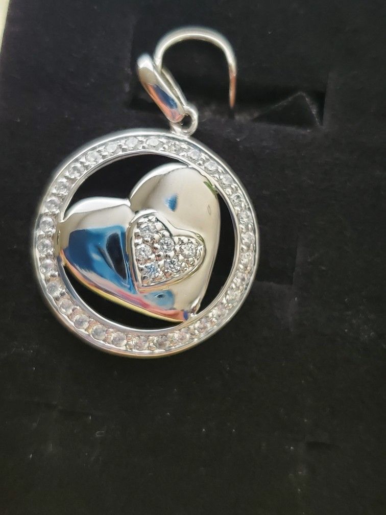 Sterling Silver 925 Heart Pendant Surrounded With Diamonds  Great Gift For Mothers Day