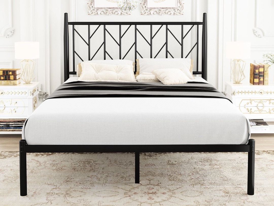 Queen Modern Platform Bed Frame with Vintage Headboard, 14 Inches Metal