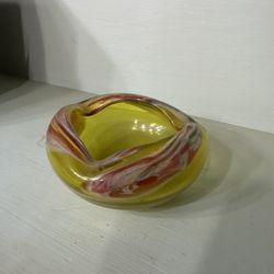 Vintage Venetian Murano Yellow Multi Colored Swirl Glass Ashtray