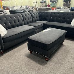 New Reversible Sectional. Black Or Blue Velvet. 117” X 85”. Free Delivery!