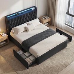 Queen LED Velvet Bed Frame with 2 Storage Drawers&Hidden Headboard, Upholstered Platform Bed with Charging Station&Button Tufted Design, Wooden Slats 