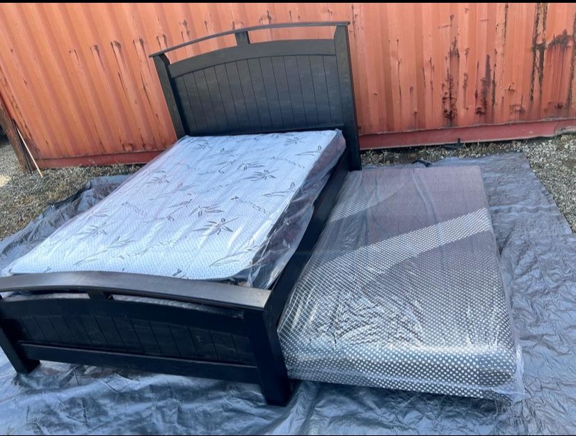 Black Solid Wood New Full Size Bed With Twin Trundle. Both Mattress Included.