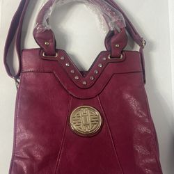 Brand New Magenta Handbag W/Gold Emblem
