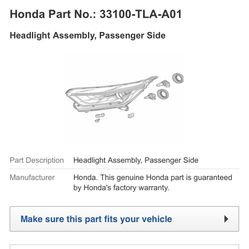 Honda CRV 2017-2020 Headlight Assembly, Passenger Side