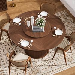 55" Round Dining Table for 6 People, Walnut Wooden Table with Rotating Lazy Susan & Double-Tier Storage Rack, Wavy-Striped Sliding Doors, Sturdy Pedes