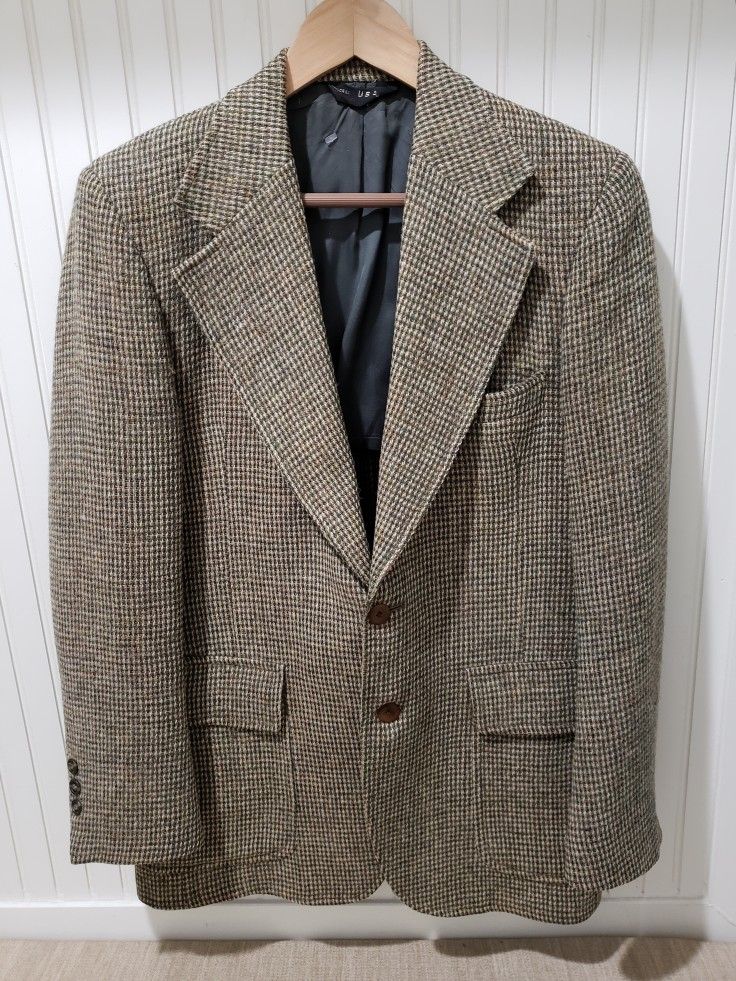 Vtg HARRIS TWEED Mens Handwoven 100% Virgin Scottish Wool Blazer (38R) Tan/Green