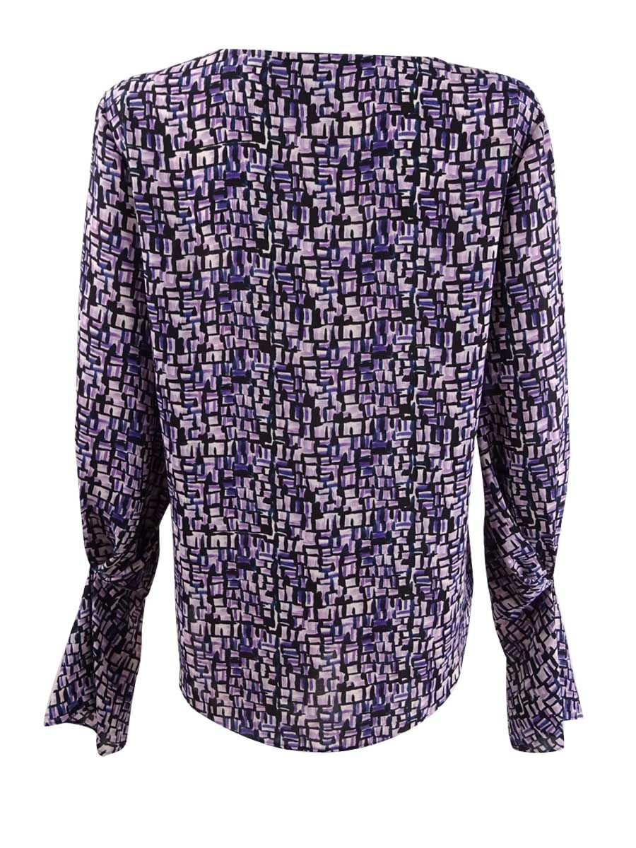 DKNY Women's Printed Pleated-Sleeve Blouse (S, Purple Multi)