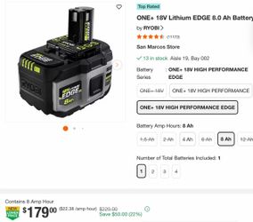 Ryobi ONE+ 18V Lithium EDGE 8Ah Battery