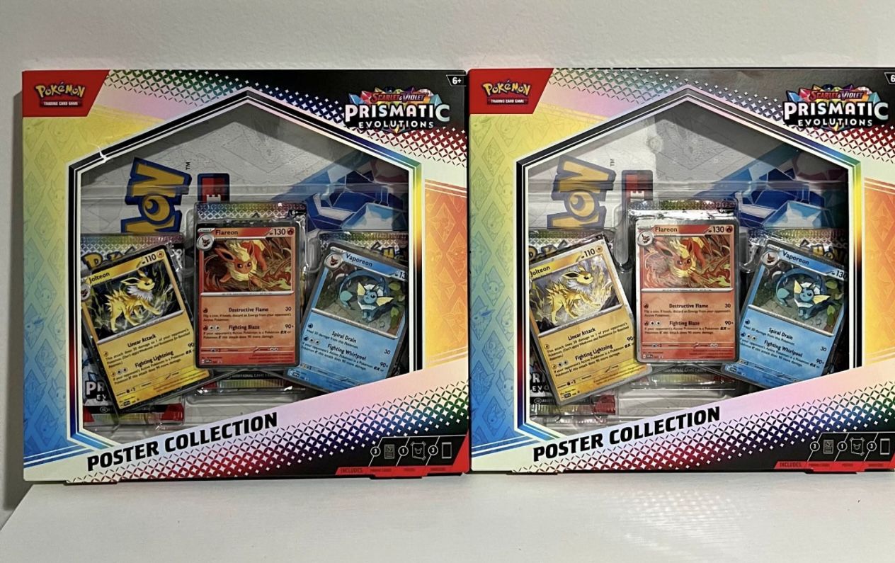 Pokemon Prismatic Evolutions $40 Each Box Tech Sticker And Poster Collection Brand New 2 Of Each Available.