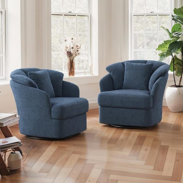 Set Of 2 Oversized Blue Fabric Upholstered Swivel Accent Chair 
