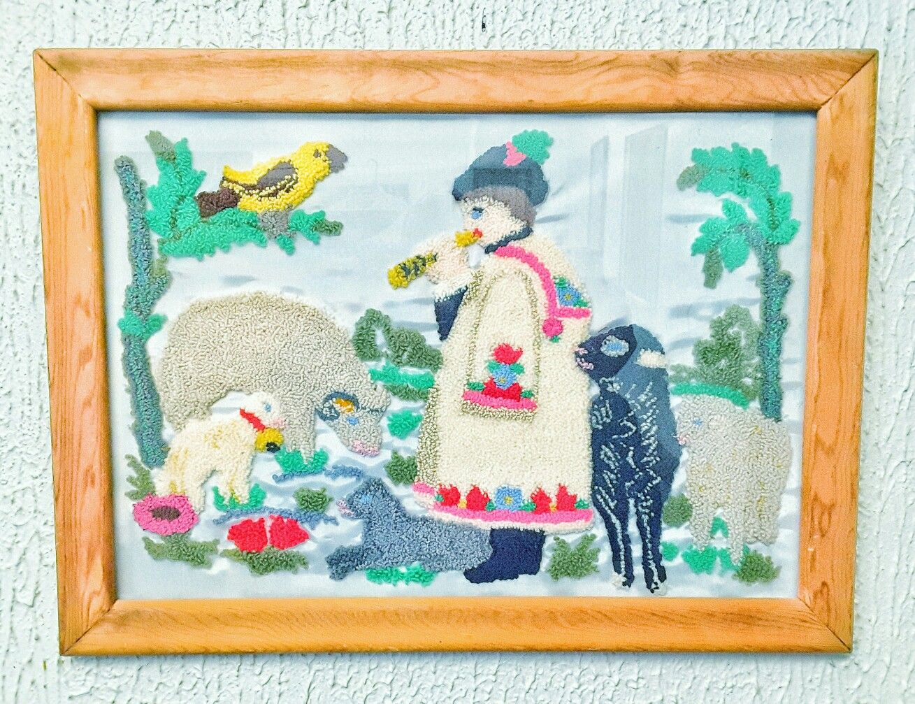 Vintage folk art hand made crewel work child's bedroom wall art fairy tale or religious theme