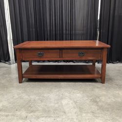 Warm Brown Wood Two-Drawer Coffee Table with Shelf