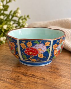 Vintage Arita Japan Seishu Porcelain Mini Bowl Celadon Blue Floral Gold 3”