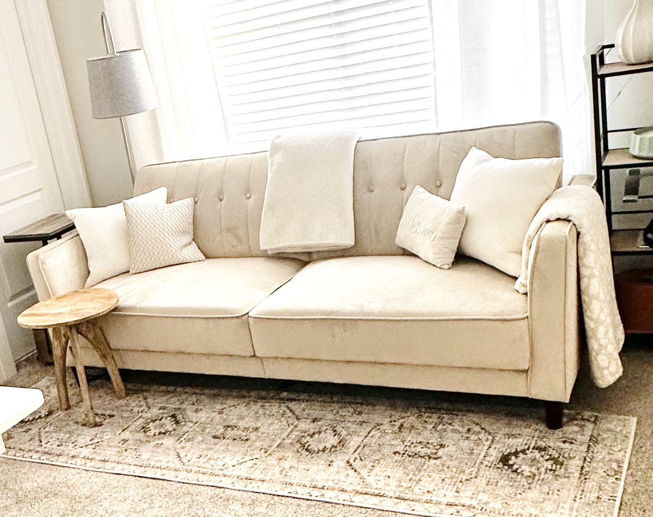 Beige Futon Tufted Velvet Sofa Couch
