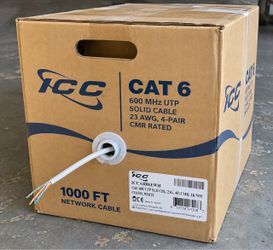 NEW ICC Cat6 Ethernet Cable – 1000 FT Box – White 23AWG CMR