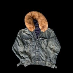 Balenciaga Men's Boxy Denim Jacket Blue w/ Giant Faux Fur Hood - Winter 25