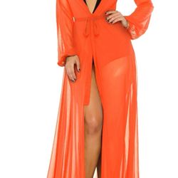 Orange  Long Sleeve Flowy Maxi Swimsuit Tie Front Robe Cover Up
