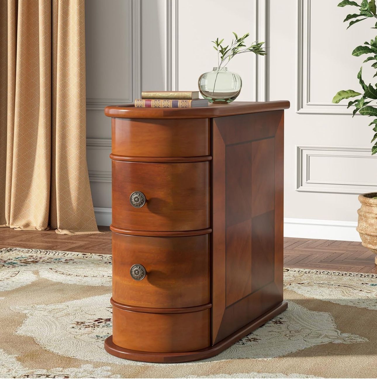Wood Tall End Table, Narrow Side Table Nightstand with 2 Drawers