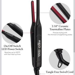 Red by Kiss Pencil Flat Iron up to 450°F Thin Small Tourmaline Ceramic Plate 0.3 inch (3/10") for Women and Men, Short to Medium Hair, Pixie Cut, Bang