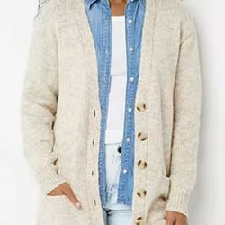 Heather Oatmeal V Neck Button Down Cardigan Sweater