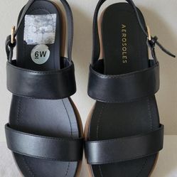 Aerosole Women's Black Flat Sandals, Size 6W 