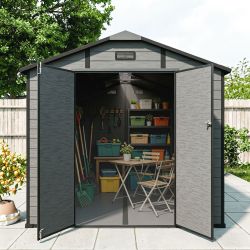 8x14 FT Plastic Outdoor Storage Shed - Lockable Resin Tool Shed with 2 Window & 3 Air vents, Dark Gray
